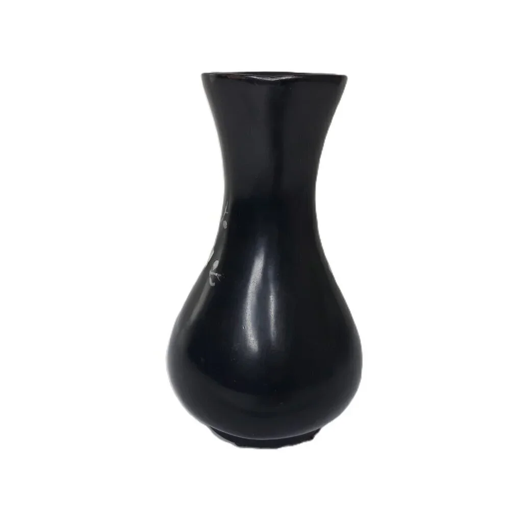 Asian Black Lacquer Mother of Pearl Inlay Bud Vase